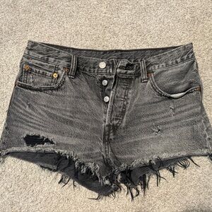 Levi's 501 Button Fly Distressed Black Jean Shorts - size 28